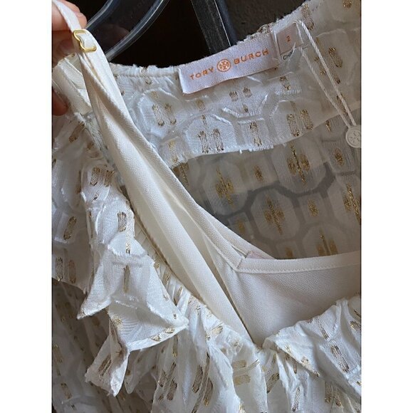 Tory Burch Jasmine Metallic Ruffle Dress 2 Piece with Slip size 2 Ivory & Gold - Picture 4 of 10